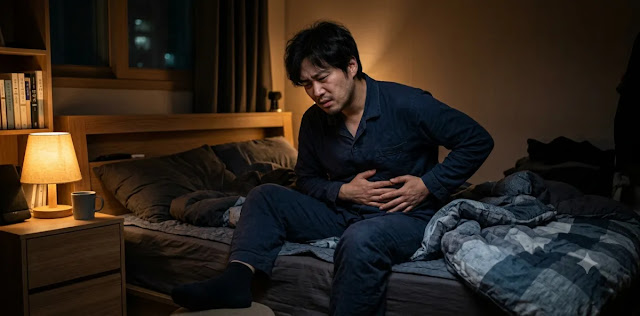 늦은 밤 침실에서 지방간 방치 때문에 생긴 통증으로 오른쪽 윗배를 부여잡는 모습