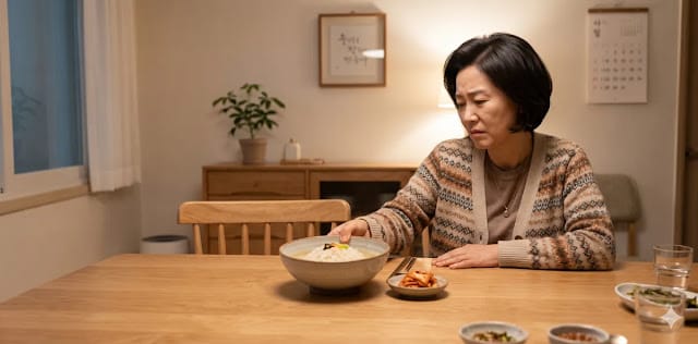 잉여 포도당 축적 과정을 차단하기 위해 밥그릇의 크기를 절반으로 줄여낸 모습 올바른 당질 제한 식단 적용을 목표로 밥과 면을 밥상에서 과감히 치우는 모습