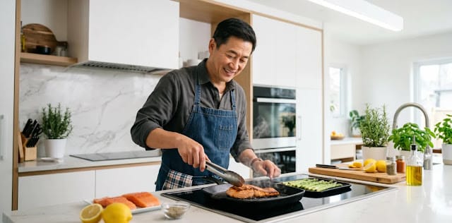 간에 좋은 다이어트 음식 목록을 떠올리며 단백질 위주의 든든한 식사를 차리는 모습 부족한 탄수화물을 대신하기 위해서 양질의 생선과 신선한 채소를 함께 굽는 모습