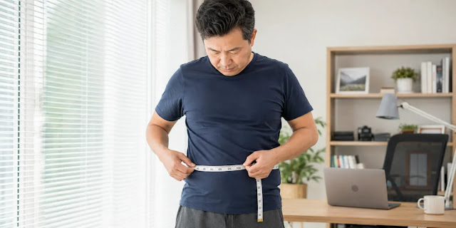 뱃살 빼기 효과를 확인하려고 자신의 허리 둘레를 줄자로 꼼꼼히 측정하는 모습 줄자를 사용하여 허리 둘레를 재며 인슐린 저항성 개선 과정을 체크하는 모습
