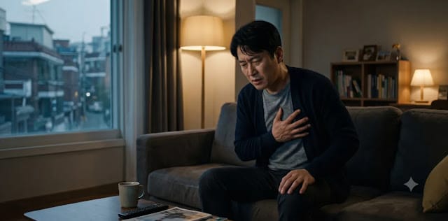 거실 소파에 앉은 중년 남성이 간 대사 증후군 증상으로 인해 가슴을 부여잡는 모습