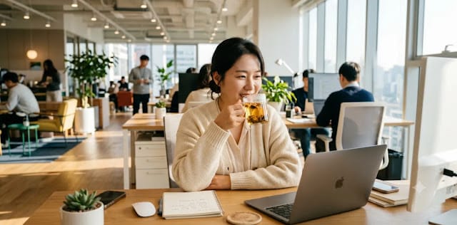 허브차를 마시며 중성지방 낮추는 식단과 운동 관리를 위해 수분을 보충하는 장면