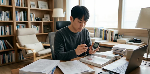 스타틴 당뇨 위험성 대비를 위해 가정용 기기로 혈당을 측정하는 모습