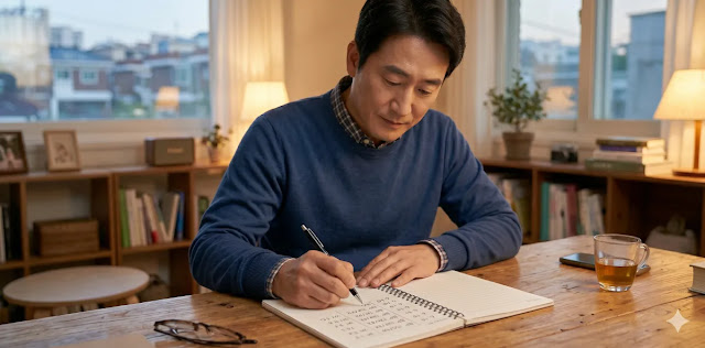 철저한 고혈압 고지혈증 동시 관리를 위해 수첩에 건강 수치를 매일 적는 모습