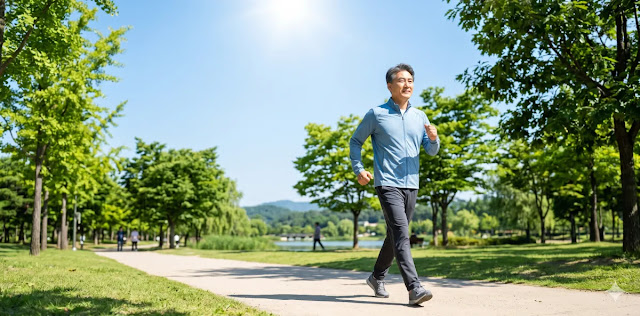 혈전 용해 도움 및 원활한 혈행 개선 음식 섭취 후 공원을 힘차게 걷는 모습