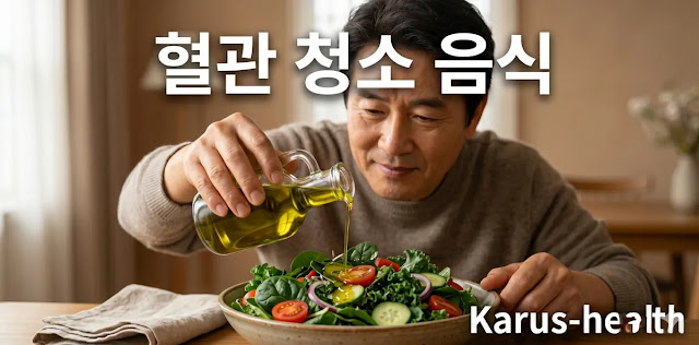 튼튼한 혈관 벽 청소 효과를 극대화하기 위해 샐러드에 올리브유를 뿌리는 모습