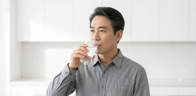 성공적인 오토파지 효과를 위해 물을 마시며 공복 시간을 지키는 남성의 모습 단식 중 깨끗한 물을 마시며 공복 시간을 지키고 있는 남성의 모습