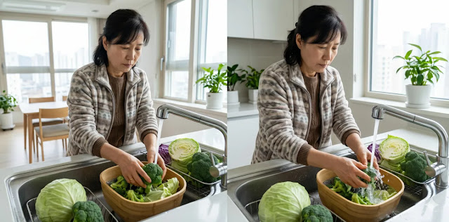 십자화과 채소 효능을 온전히 얻기 위해 싱싱한 브로콜리를 깨끗이 씻는 모습