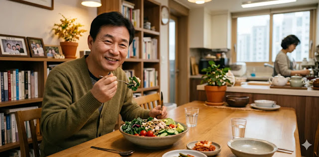 글루타치온 생성 촉진을 위하여 황 성분이 아주 풍부한 채소를 꼭꼭 씹는 모습