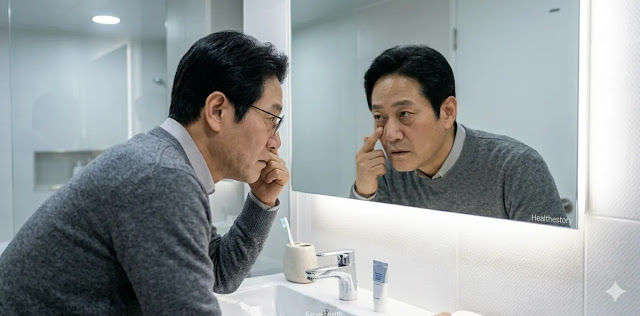 전신의 대사 오류로 나타난 눈 흰자 황달 증상 상태를 거울로 관찰하는 모습
