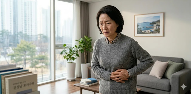 우측 갈비뼈 아래 부근인 오른쪽 윗배가 묵직한 이유 기전을 생각하는 모습