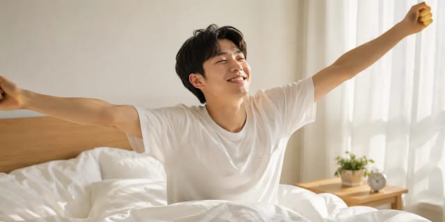 변화에 따라 상쾌한 아침을 맞이하며 인슐린 저항성 개선 근육량 혜택을 누리는 모습 맑은 아침에 가벼워진 몸을 느끼며 인슐린 저항성 개선 근육량 효과를 만끽하는 장면