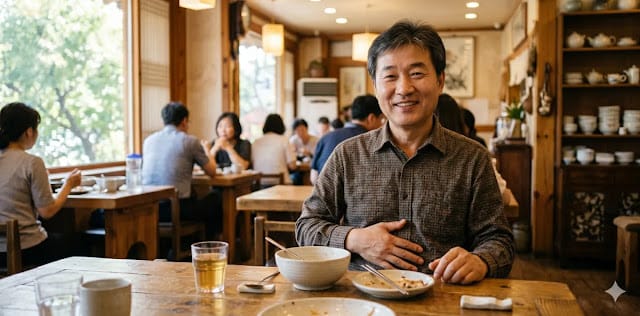 체내의 꽉 막힌 담즙 분비 배출구를 열어주기 위해서 배를 어루만지면서 걷는 모습 기름진 식사 후 소화 불량을 느끼며 확실한 UDCA 효능 섭취를 고민하는 모습