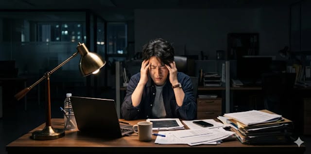 일상생활의 변화에 따라 코르티솔 호르몬 불균형의 심각성을 직접 몸으로 느끼는 모습 늦은 밤 책상에 앉아 과도한 코르티솔 호르몬 분비로 인해 몹시 괴로워하는 장면