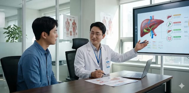 안전한 건강 관리를 위해 지방간 악화 원인 관련 전문 상담 내용을 주의 깊게 듣는 모습 진료실에서 전문의에게 치명적인 지방간 악화 원인에 대해 아주 심각하게 듣는 장면