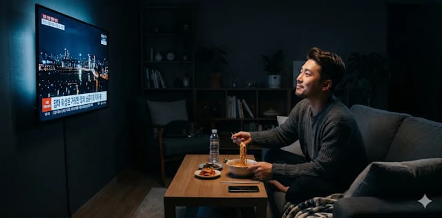 잘못된 생활 방식에 따라 스트레스 코르티솔 관리 실패로 몸이 점점 무거워지는 모습 늦은 시간 텔레비전을 보며 야식을 먹어 스트레스 코르티솔 관리 원칙을 어기는 모습