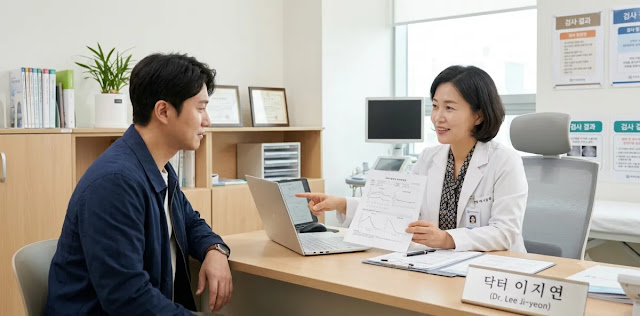 진료실에서 전문의에게 비장한 표정으로 갑자기 오른 간수치에 대 설명을 듣는 장면