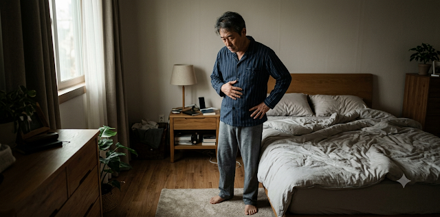 아침에 일어나서도 피로가 풀리지 않아 심각한 성장호르몬 감소 증상을 겪는 모습