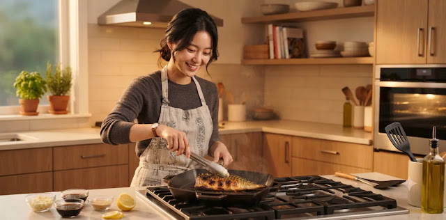푸른 생선을 직접 구우며 염증 수치 낮추는 음식 섭취를 아주 열심히 준비하는 장면