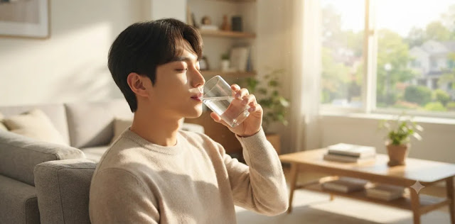 아침에 맑은 물을 천천히 마시며 건강한 체내 독소 배출 과정을 유도하는 모습