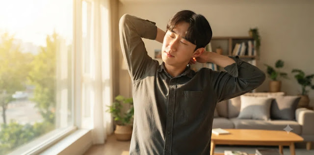 무거운 피로감을 느끼며 안전한 체내 염증 제거 대책을 아주 절실하게 고민하는 장면