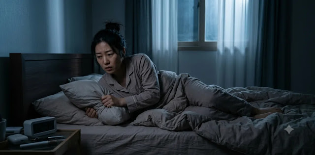 심각한 불면증 악화에 따라 40대 여성 호르몬 변화 신호를 신중히 체크하는 모습 한밤중 침대에서 뒤척이며 괴로운 수면 장애 현상 때문에 깊게 탄식하는 장면