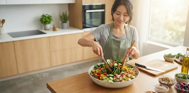 신선한 채소 식단을 준비하며 신체 염증 수치 높으면 조심하는 모습