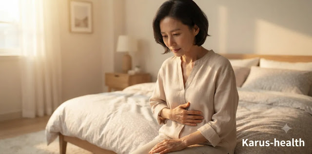 부어오른 복부를 손으로 어루만지며 높은 만성 염증 수치를 걱정하고 있는 모습