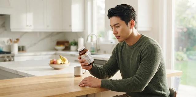 주방에서 성분표를 보며 나에게 필요한 간 해독 영양소 종류를 꼼꼼히 찾는 모습