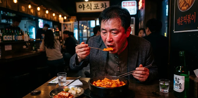 치명적인 만성 염증 수치 상승에 따라 위장에 무리를 주는 야식 습관을 가지는 모습 늦은 밤 매운 음식을 섭취하며 잘못된 가짜 스트레스성 폭식 반응을 직접 겪는 모습