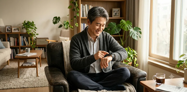 신체 문제를 해결하기 위해 스스로 심박수와 호르몬 불균형 증상 여부를 재보는 모습 뱃살 안 빠지는 이유를 찾기 위해 스마트워치로 건강 상태를 꼼꼼하게 점검하는 모습