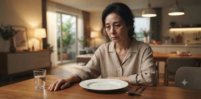 영양 부족 상태에 따라 부종이 심해지며 염증성 비만으로 서서히 이어지는 모습 빈 접시를 보면서 극단적인 단식으로 인해 인슐린 저항성이 더 악화되는 모습