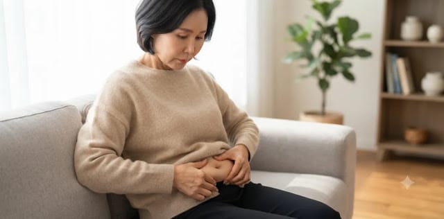 체내 찌꺼기를 원활히 빼내기 위해 만성 염증 없애는 법을 심각하게 걱정하는 장면 부어오른 복부를 손으로 어루만지면서 만성 염증 다이어트의 필요성을 느끼는 모습