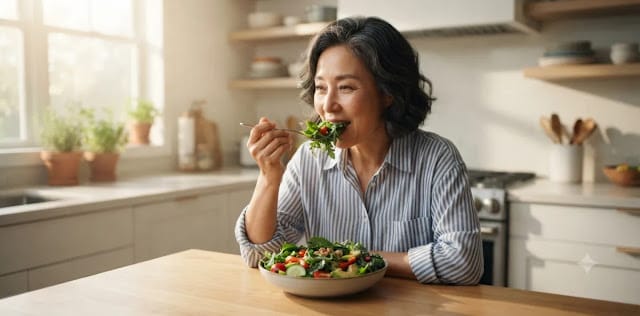 식습관 변화에 따라 위장을 달래며 염증 수치 낮추는 방법을 적극 실천하는 모습 신선한 채소 샐러드를 섭취하며 건강한 항염증 식단으로 장내 환경을 개선하는 모습