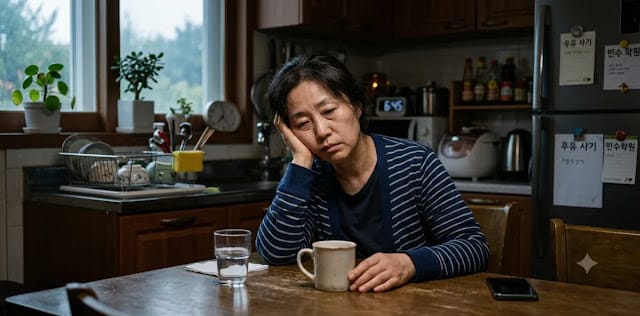 일상에서 갑자기 찾아온 심각한 호르몬 불균형 증상 때문에 식탁에서 지쳐 있는 모습 일상에서 갑자기 찾아온 심각한 호르몬 불균형 증상 때문에 식탁에서 지쳐 있는 모습