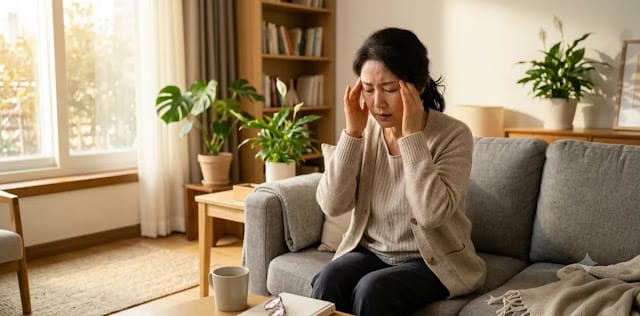 혈관 건강을 망치는 물질을 비워내는 당독소 빼는법 관리에 따라 피로를 느끼는 모습 열이 오르는 안면홍조와 두통을 크게 겪는 모습