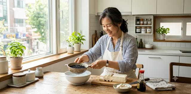 내분비계 밸런스를 맞추기 위해 여성 호르몬 많은 음식 재료를 준비하는 장면 천연 식물성 에스트로겐 성분이 풍부한 검은콩과 두부로 건강식을 요리하는 모습