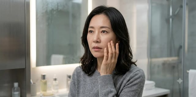 망가진 대사 흐름에 따라 몸속에 쌓인 당화산물 찌꺼기가 얼굴에 그대로 드러난 장면 거울 속 탄력이 떨어진 볼을 만지며 근본적인 얼굴 주름 원인을 생하는 모습
