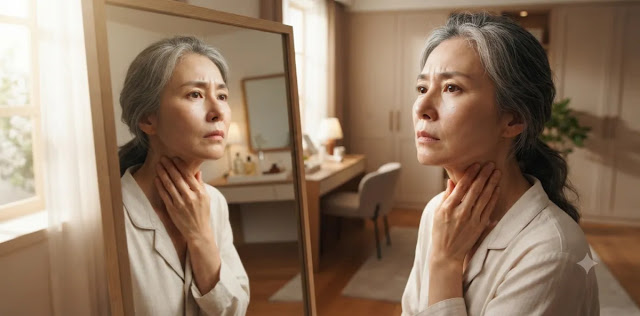 갑자기 목 주변을 만지며 성인 여드름 염증 수치 상승을 불안해하며 걱하는 모습