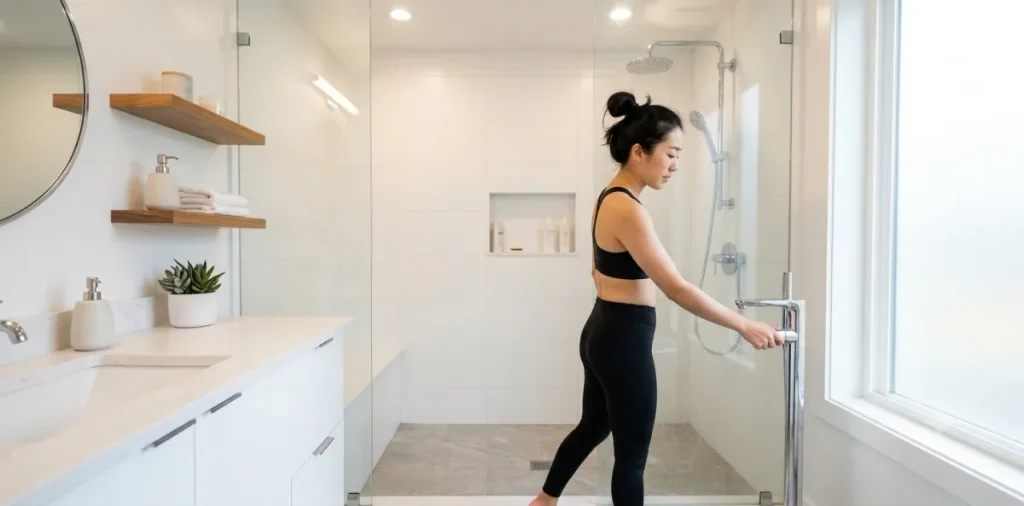 아침 샤워 마지막 단계에서 시원한 물로 전환하여 냉수 샤워 효과를 얻는 모습