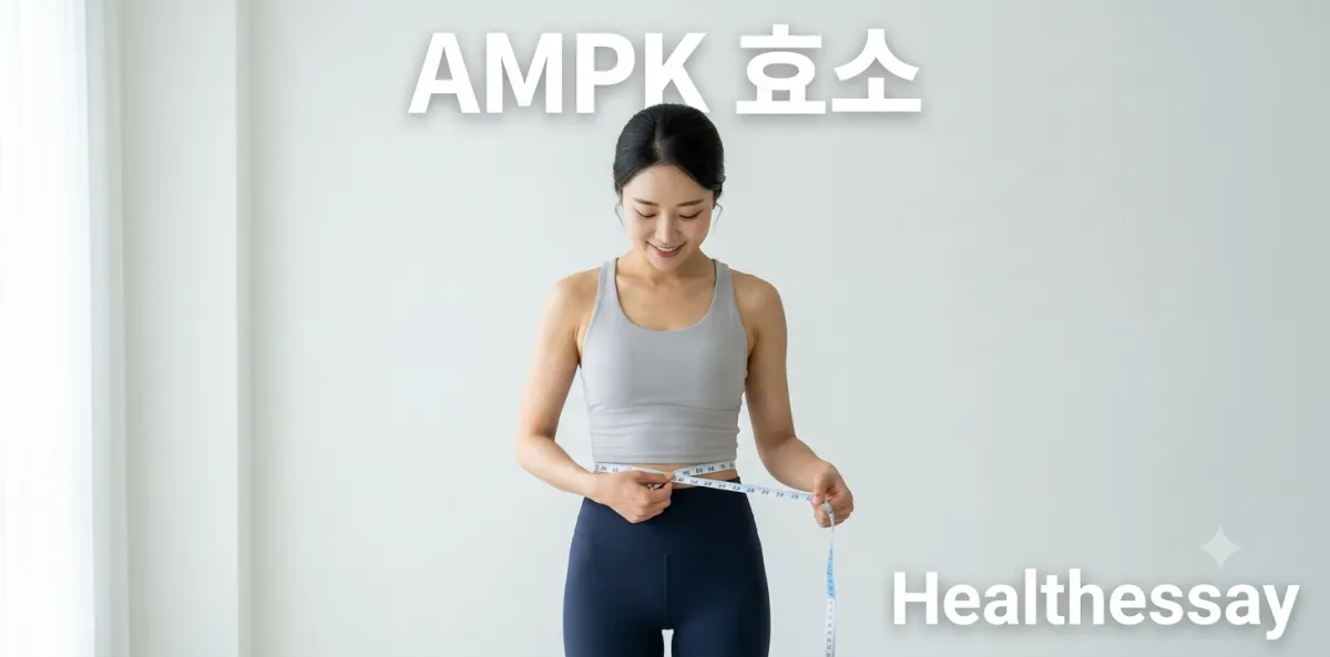 AMPK 효소 활성화 다이어트 정체기를 완벽히 극복하려고 허리를 재는 모습