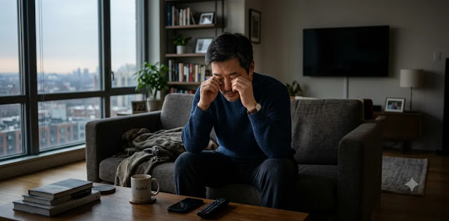심각한 40대 만성피로 원인에 따라 무거운 몸을 이끌고 힘겹게 하루를 시작하는 장면 거실에 앉아 40대 만성피로 원인으로 인해 눈을 비비며 심하게 피곤해하는 모습