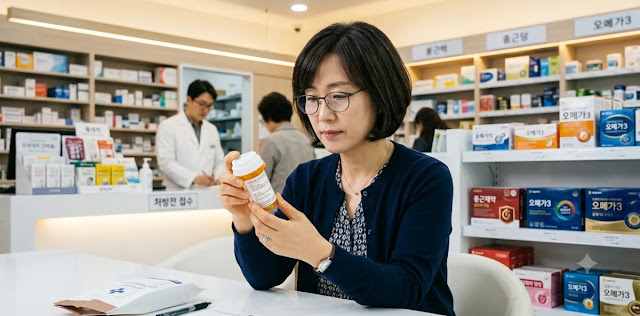 신체의 호르몬 불균형 증상을 회복하기 위해 꼼꼼하게 성분 라벨을 확인하는 장면 약국에서 호르몬 불균형 증상을 개선하기 위해 건강 기능 식품의 성분표를 읽는 모습