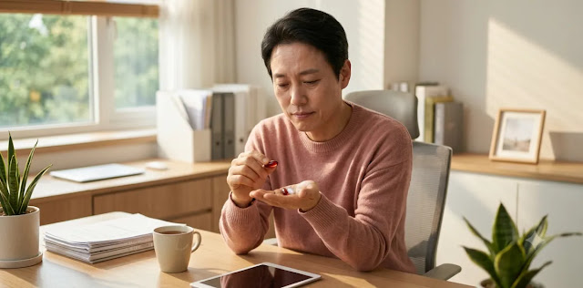 확실한 글루타치온 알파리포산 효능 섭취를 위해 성분이 다른 영양제를 확인하는 모습 글루타치온 알파리포산 효능을 얻기 위해 두 가지 종류의 캡슐을 들고 비교하는 모습