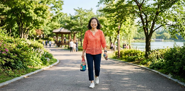 꾸준한 활성산소 제거 항노화 관리에 따라 에너지를 되찾고 공원에서 산책하는 장면 맑은 공원에서 활성산소 제거 항노화 관리에 성공하여 활기차고 밝게 미소 짓는 모습