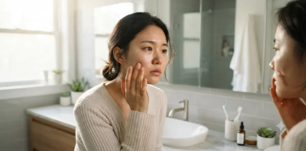 수분 저류 현상 때문에 아침에 일어나서 부은 얼굴을 거울로 확인하는 모습