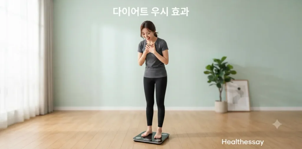 다이어트 우시 효과를 직접 경험하며 갑자기 가벼워진 체중에 기뻐하는 모습