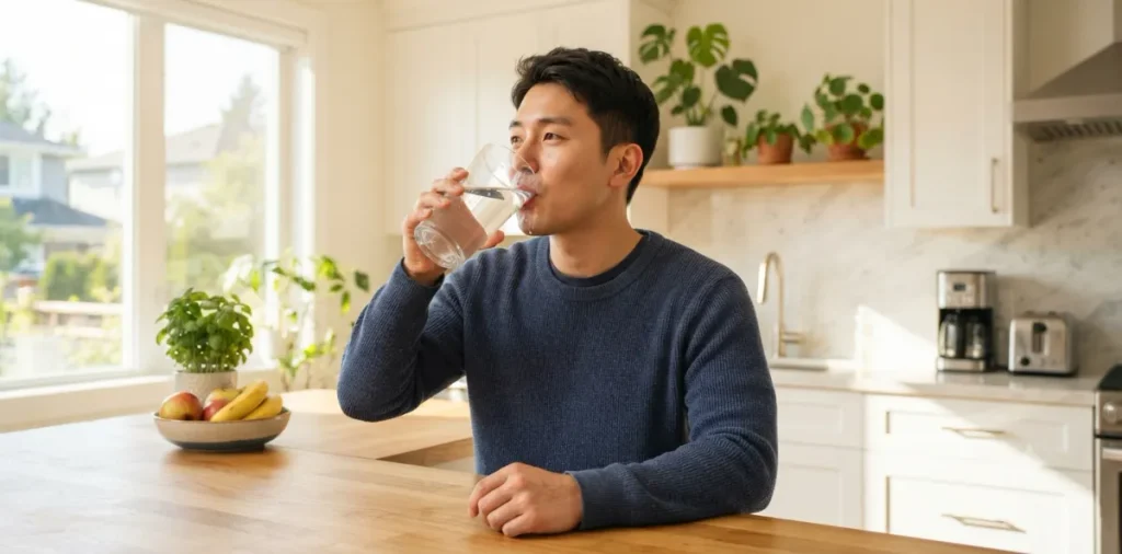 쪼그라든 지방세포 수분 밸런스를 맞추려고 큰 잔에 물을 가득 마시는 모습