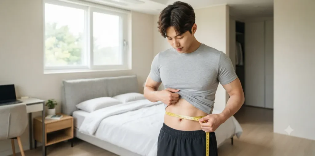 멈췄던 숫자를 뚫고 갑자기 살이 빠지는 이유를 실감하며 허리를 재는 모습