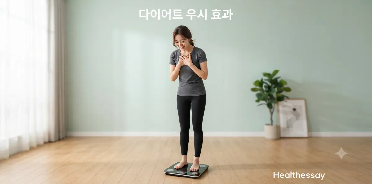 다이어트 우시 효과를 직접 경험하며 갑자기 가벼워진 체중에 기뻐하는 모습